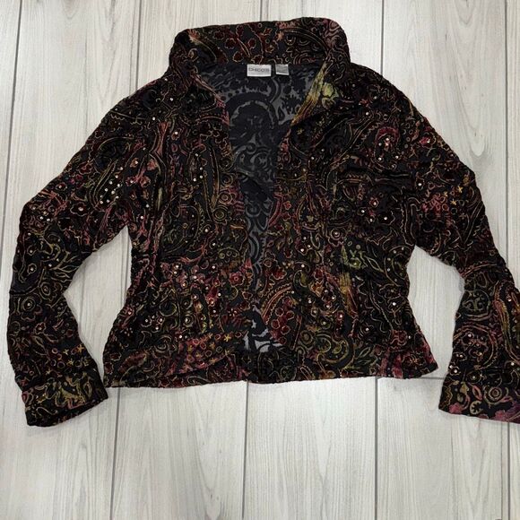 Chicos silk rayon colorful velvet burnout sequin jacket size 2 Super whimsical - Picture 1 of 11